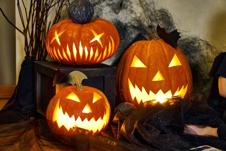 Carved pumpkins in halloween photo booth