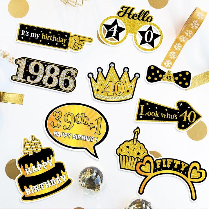 40Th Birthday Photo Booth Props for Women &amp; Men, Black Gold Adult 40Th Birthday Photo Booth Props, Cheers to Forty Birthday Photo Props Decor, Funny Forty Birthday Party Supplies