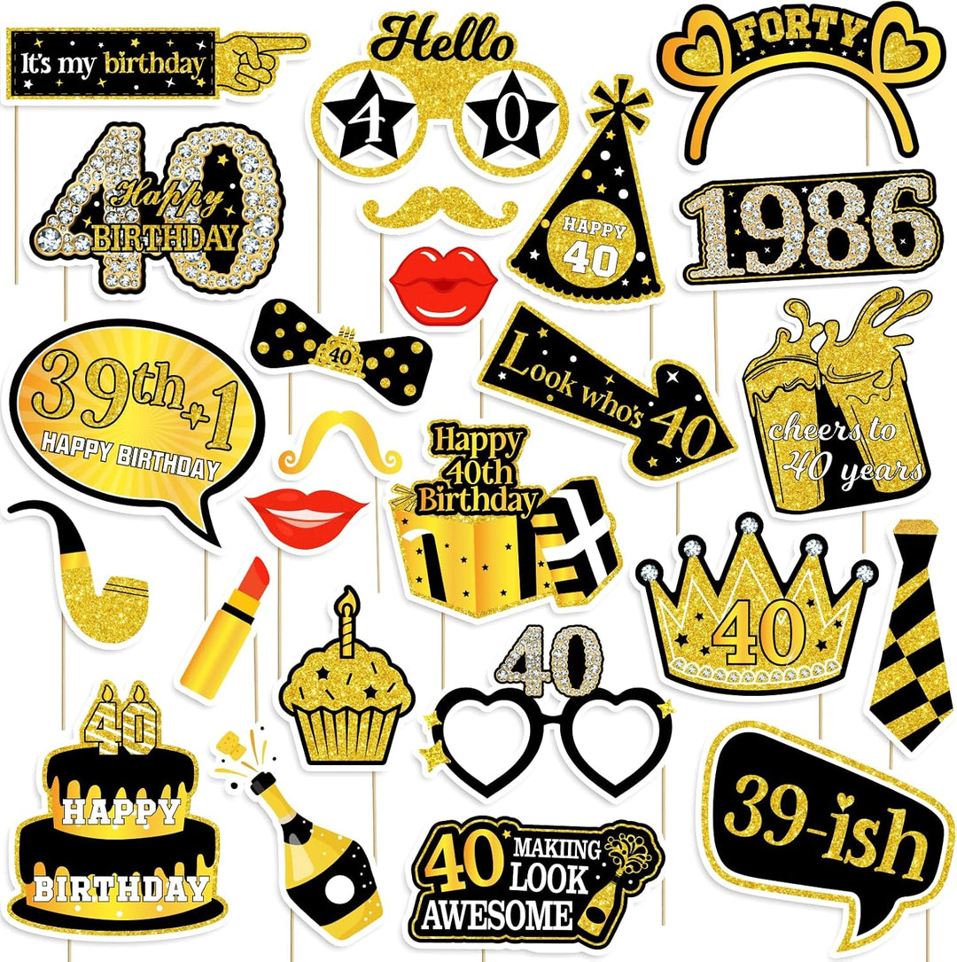 40Th Birthday Photo Booth Props for Women &amp; Men, Black Gold Adult 40Th Birthday Photo Booth Props, Cheers to Forty Birthday Photo Props Decor, Funny Forty Birthday Party Supplies