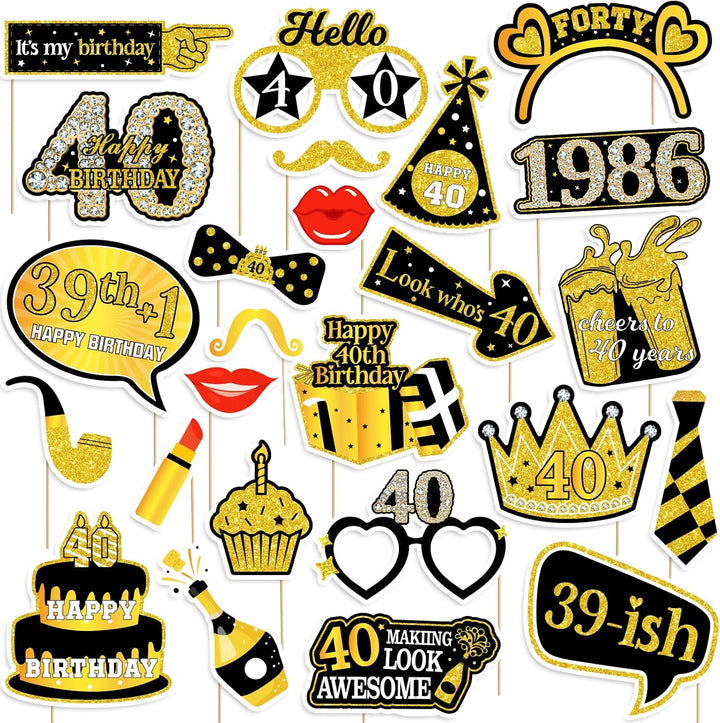 40Th Birthday Photo Booth Props for Women &amp; Men, Black Gold Adult 40Th Birthday Photo Booth Props, Cheers to Forty Birthday Photo Props Decor, Funny Forty Birthday Party Supplies