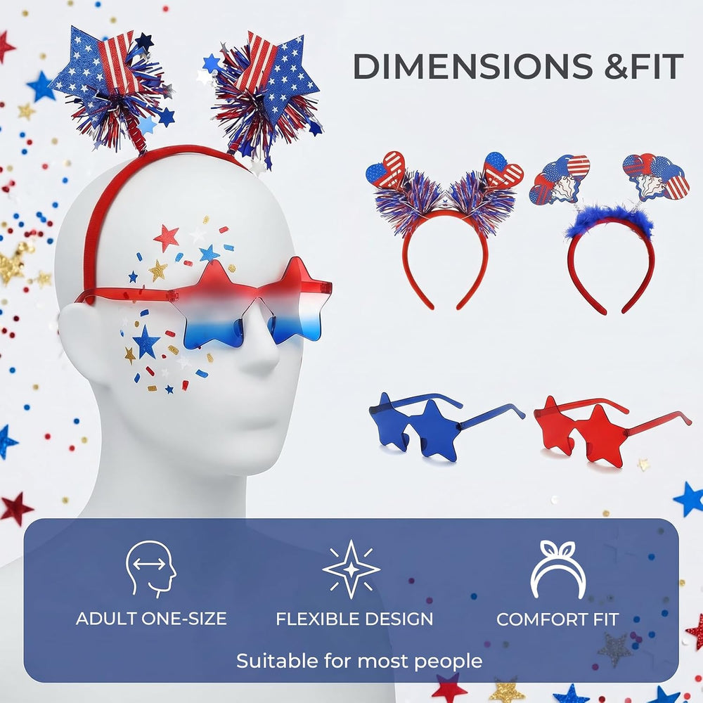 8 Pcs 4Th of July Headband and Star Sunglasses Set, Red White Blue Patriotic Hair Accessories with Star Glasses for Women Adults, Independence Day Party Favors, Memorial Day USA Costume Accessories