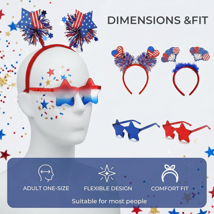 8 Pcs 4Th of July Headband and Star Sunglasses Set, Red White Blue Patriotic Hair Accessories with Star Glasses for Women Adults, Independence Day Party Favors, Memorial Day USA Costume Accessories