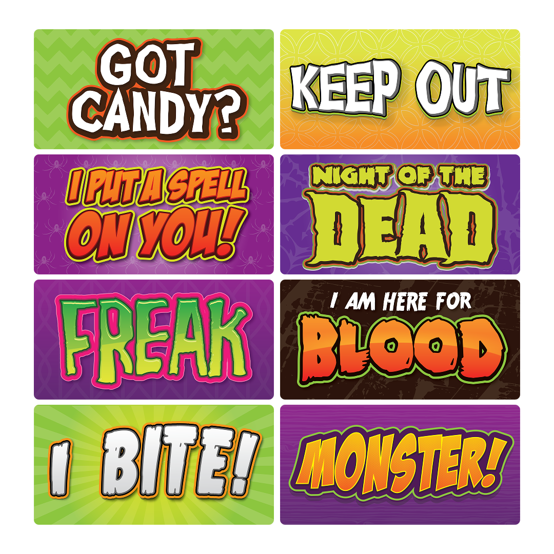 Halloween Photo Booth Props Set – Spooky Party Signs - close-up of prop signs by King Props