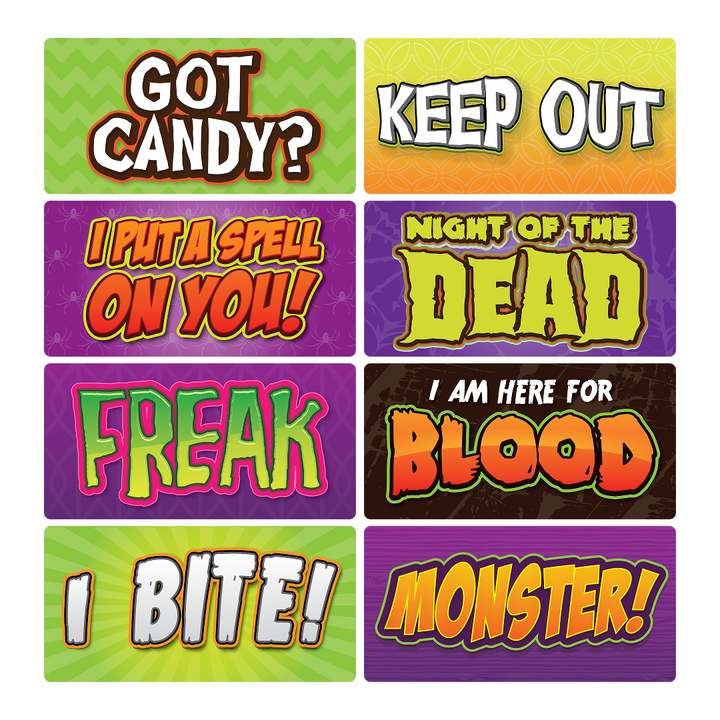 Halloween Photo Booth Props Set – Spooky Party Signs - close-up of prop signs by King Props