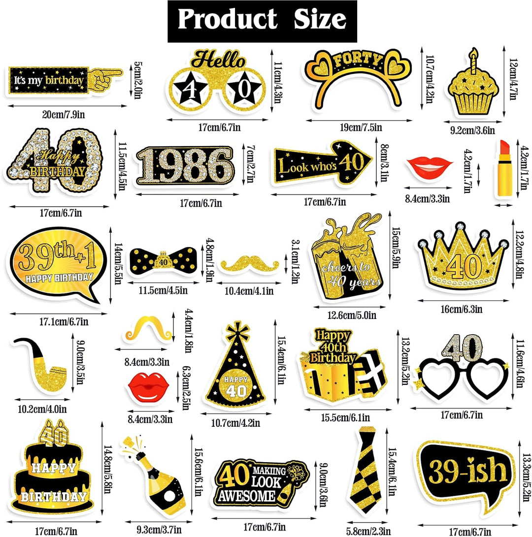 40Th Birthday Photo Booth Props for Women &amp; Men, Black Gold Adult 40Th Birthday Photo Booth Props, Cheers to Forty Birthday Photo Props Decor, Funny Forty Birthday Party Supplies