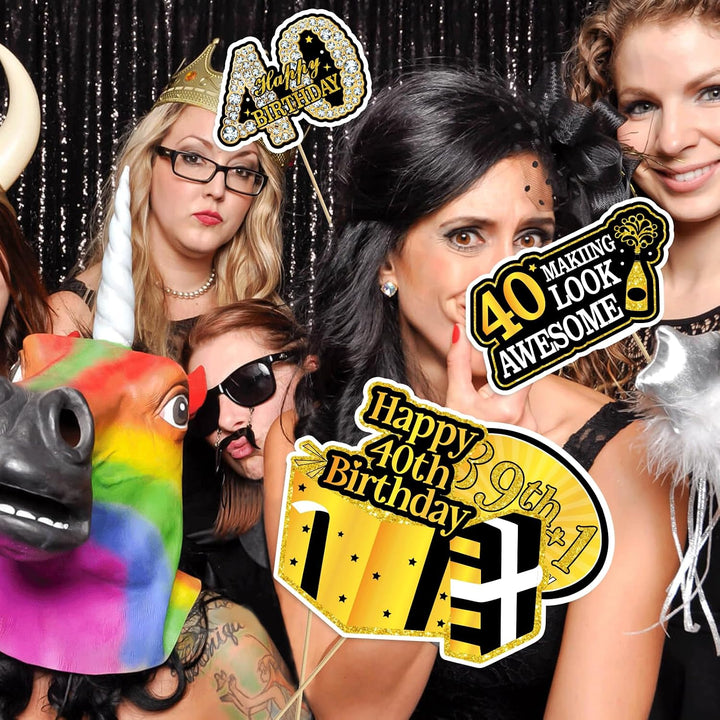 40Th Birthday Photo Booth Props for Women &amp; Men, Black Gold Adult 40Th Birthday Photo Booth Props, Cheers to Forty Birthday Photo Props Decor, Funny Forty Birthday Party Supplies