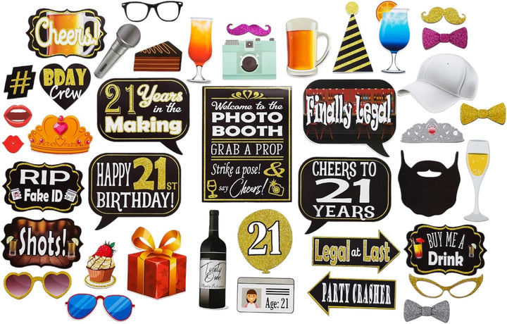21St Birthday Photo Booth Props - 41-Pc Photo Booth Kit with 8 X 10-Inch Sign, 60 Adhesive Pads, 45 Sticks - Photo Booth 21St Birthday Props - 21St Photo Booth Props