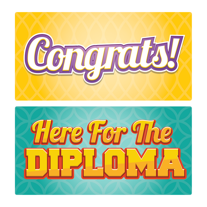 Graduation Photo Booth Props Set – 12 Signs - props laid out flat lay view by King Props