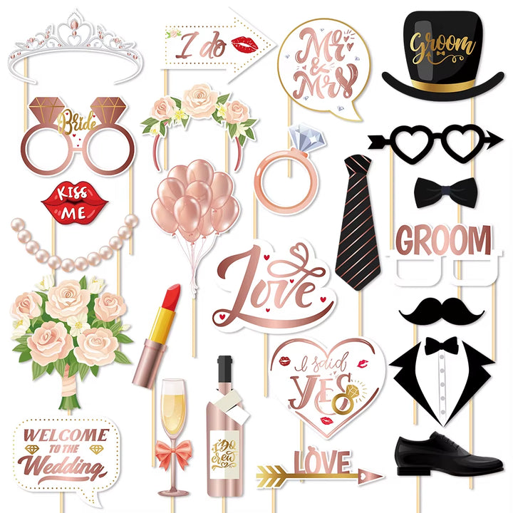 25Pcs Funny Wedding Paper Photo Booth Props Just Married Selfie Photobooth Bridal Shower Bachelorette Party Wedding Decoration