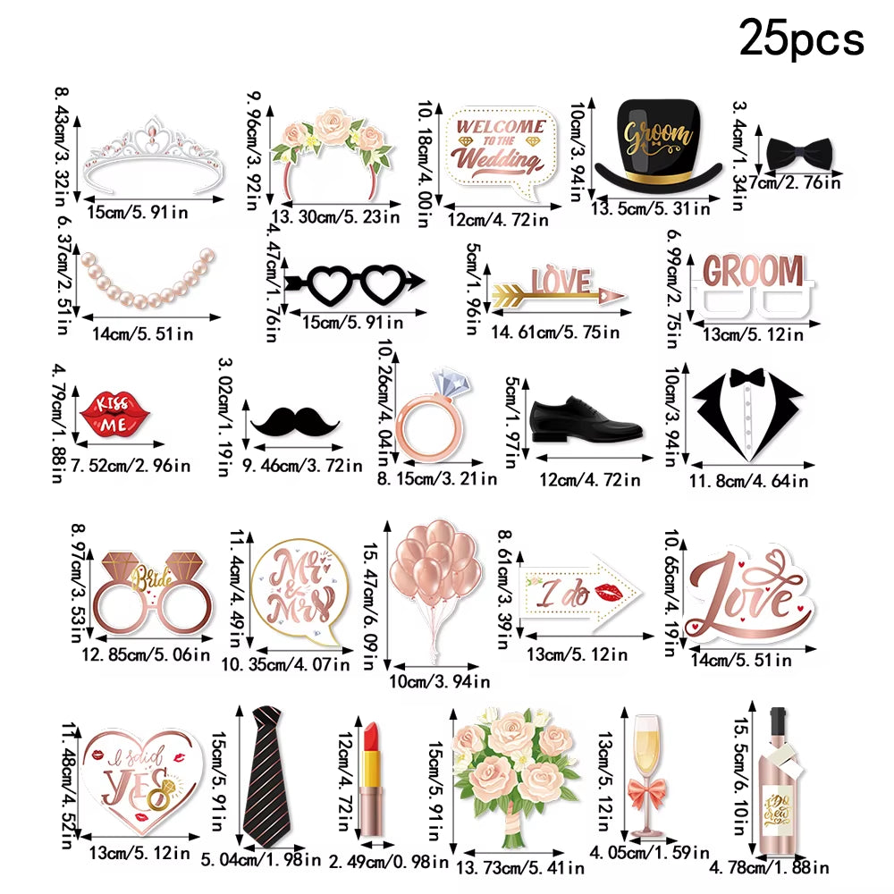 25Pcs Funny Wedding Paper Photo Booth Props Just Married Selfie Photobooth Bridal Shower Bachelorette Party Wedding Decoration