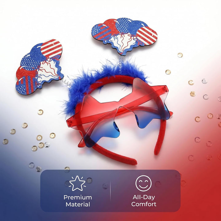 8 Pcs 4Th of July Headband and Star Sunglasses Set, Red White Blue Patriotic Hair Accessories with Star Glasses for Women Adults, Independence Day Party Favors, Memorial Day USA Costume Accessories