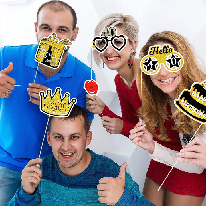 40Th Birthday Photo Booth Props for Women &amp; Men, Black Gold Adult 40Th Birthday Photo Booth Props, Cheers to Forty Birthday Photo Props Decor, Funny Forty Birthday Party Supplies