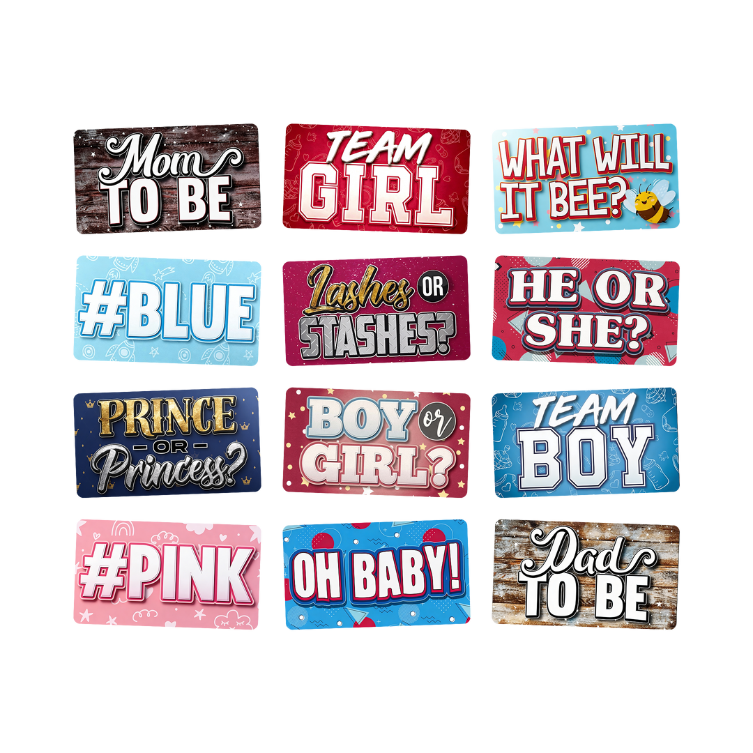 Gender Reveal Photo Booth Props Set – 12 Signs