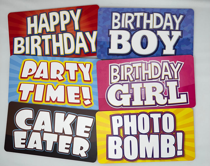 Birthday Photo Booth Props Set – 6pc - close-up of prop signs by King Props