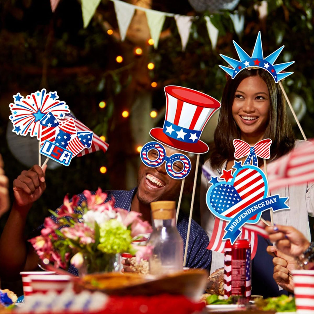 Independence Day Photo Booth Props with Sticks,4Th of July Photo Booth Props,Patriotic Party Decorations (25CT)