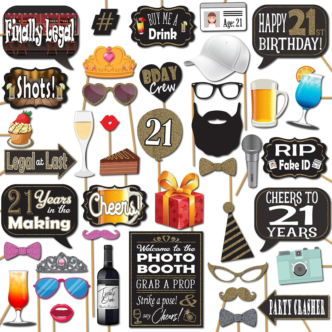 21St Birthday Photo Booth Props - 41-Pc Photo Booth Kit with 8 X 10-Inch Sign, 60 Adhesive Pads, 45 Sticks - Photo Booth 21St Birthday Props - 21St Photo Booth Props