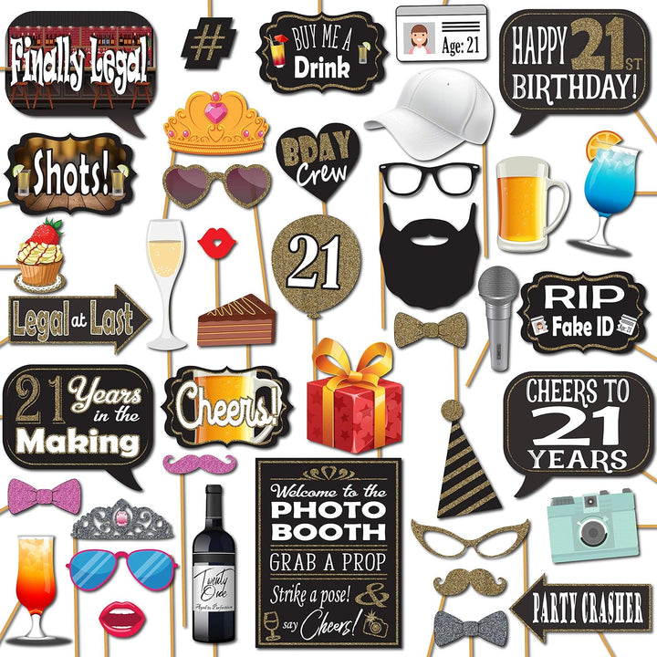 21St Birthday Photo Booth Props - 41-Pc Photo Booth Kit with 8 X 10-Inch Sign, 60 Adhesive Pads, 45 Sticks - Photo Booth 21St Birthday Props - 21St Photo Booth Props