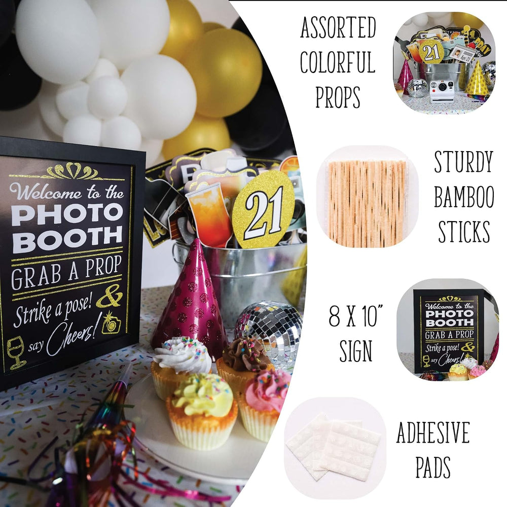 21St Birthday Photo Booth Props - 41-Pc Photo Booth Kit with 8 X 10-Inch Sign, 60 Adhesive Pads, 45 Sticks - Photo Booth 21St Birthday Props - 21St Photo Booth Props