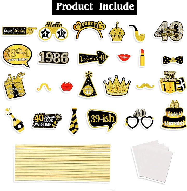 40Th Birthday Photo Booth Props for Women &amp; Men, Black Gold Adult 40Th Birthday Photo Booth Props, Cheers to Forty Birthday Photo Props Decor, Funny Forty Birthday Party Supplies