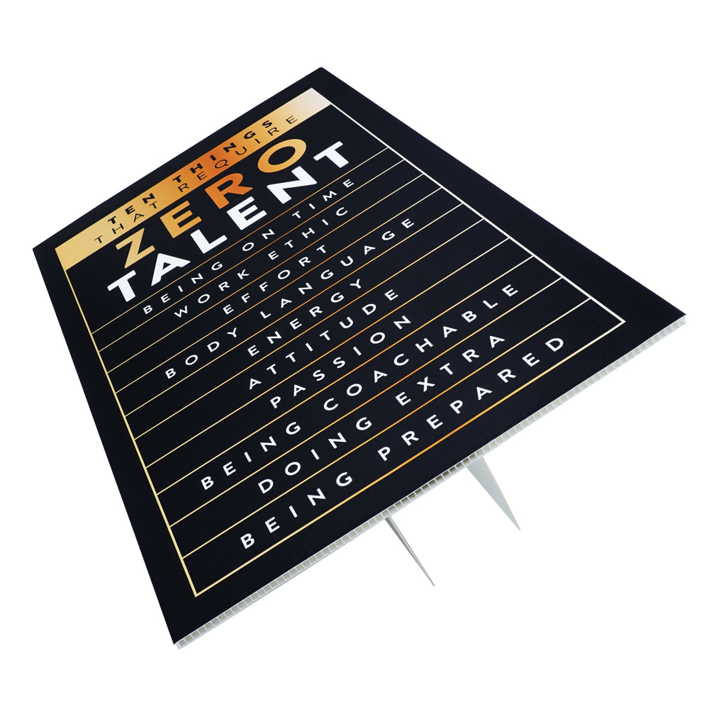 Gold Motivational Wall Art – Zero Talent Sign - wall art hanging in room by King Props