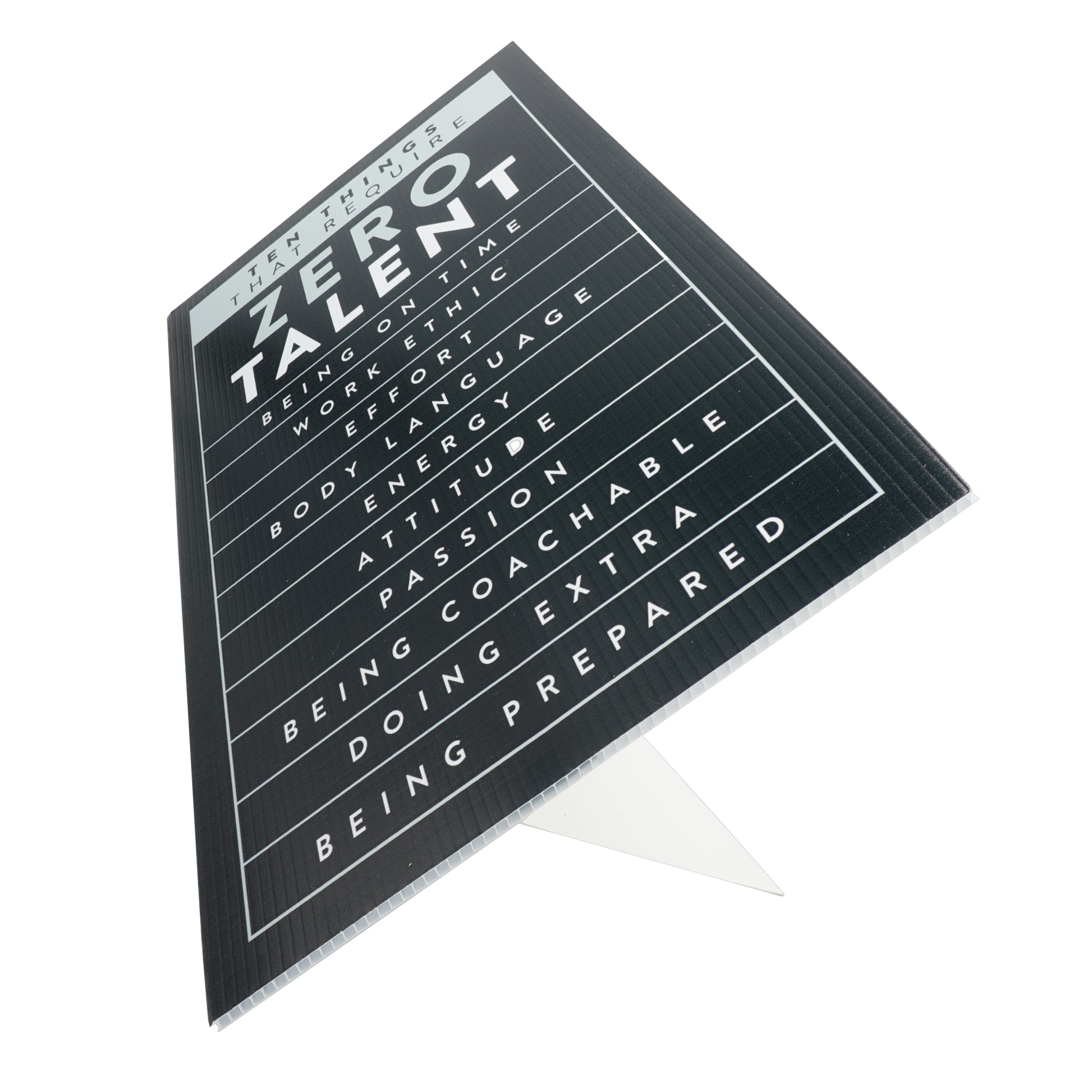 Black Motivational Wall Art – Zero Talent Sign - close-up of motivational text by King Props