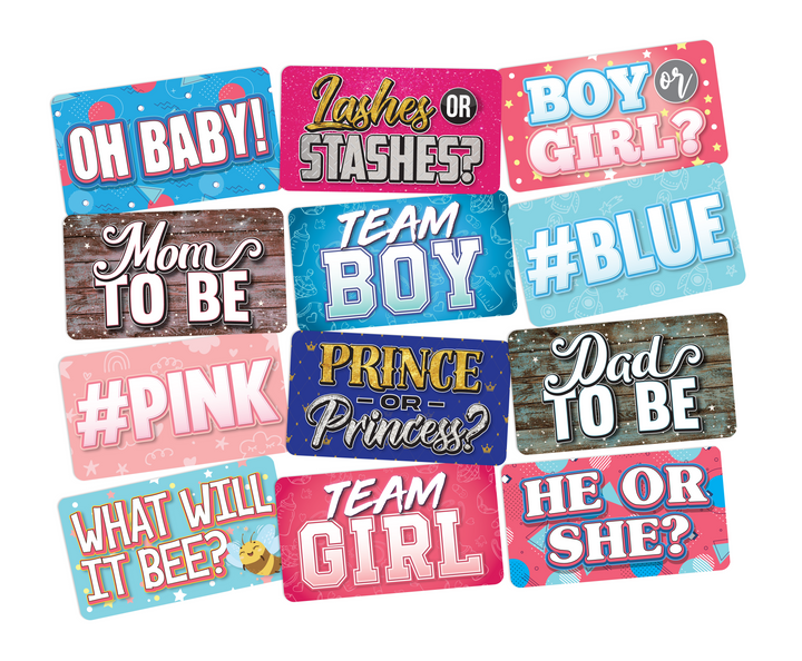 Gender Reveal Photo Booth Props Set – 12 Signs - complete prop set display by King Props