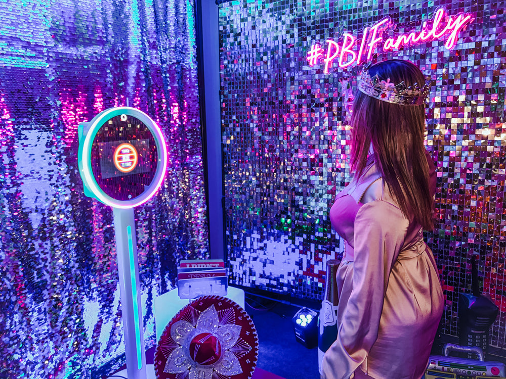 Cloee Mirror Photo Booth – Portable LED Booth - photo booth in use at event by King Props