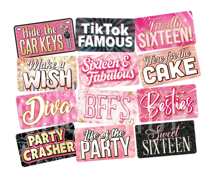 Sweet 16 Photo Booth Props – 6pc Birthday - complete prop set display by King Props